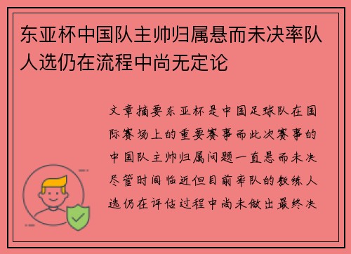 东亚杯中国队主帅归属悬而未决率队人选仍在流程中尚无定论