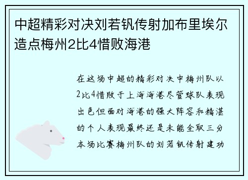 中超精彩对决刘若钒传射加布里埃尔造点梅州2比4惜败海港